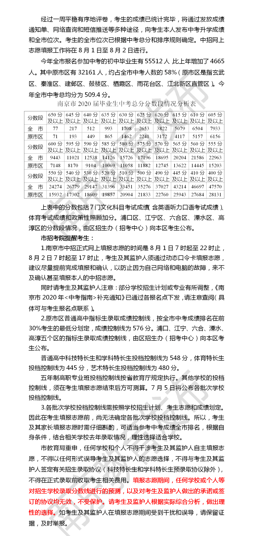 南京市中招投檔控制線揭曉?。▋?nèi)附總分分?jǐn)?shù)段情況分析表）
